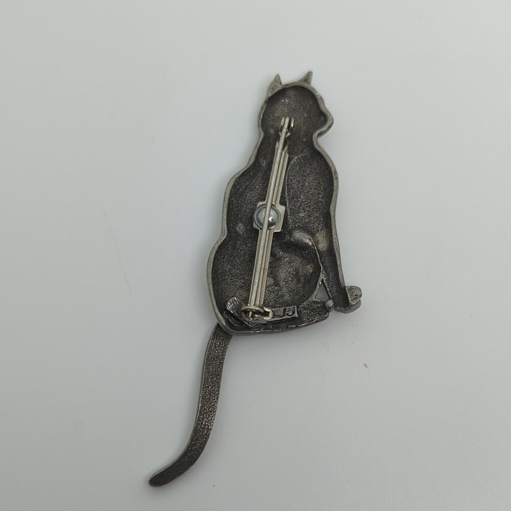 Vintage JJ Signed Cat Brooch With Articulated Tail Pewter-Tone 2.5 Inches - Picture 3 of 4